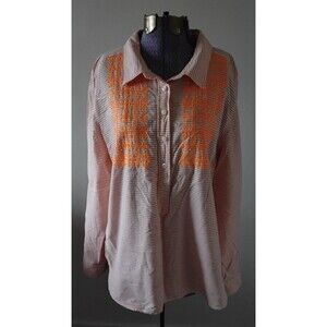 Orange Stripe 100% Cotton Embroidered Shirt Top Womens XL Collared LS 1/2 Button